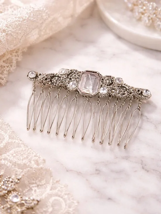 Vintage Silver Crystal Bridal Hair Comb - Picture 1 of 1